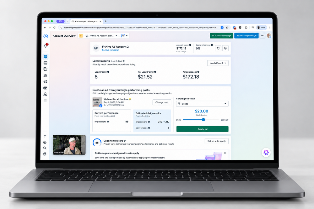 FitHive team managing Meta ads campaigns on a laptop
