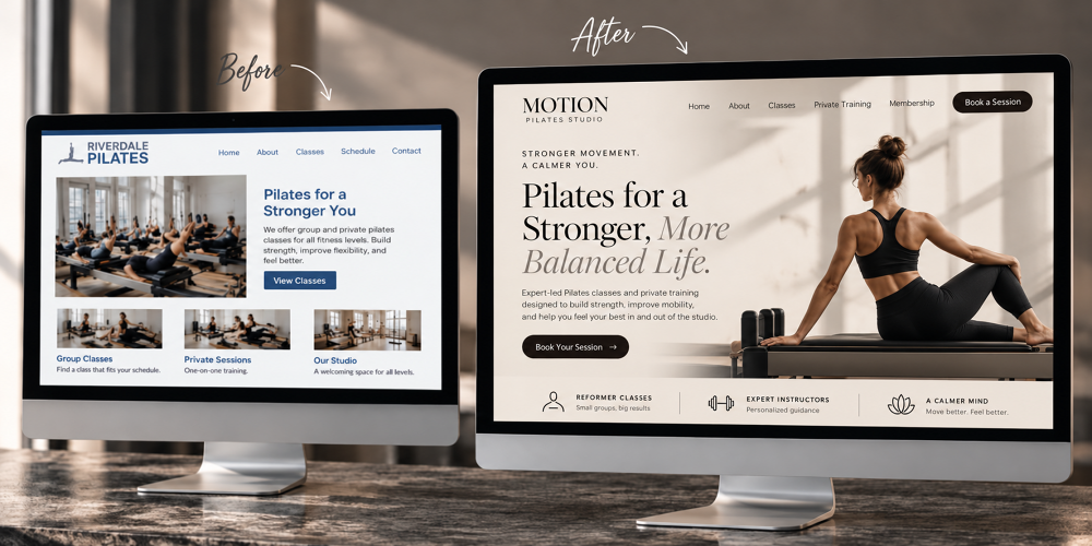 Before and after Pilates studio website redesign concept