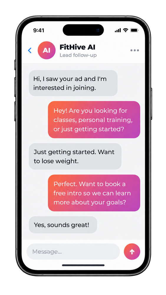 FitHive AI text conversation moving a new lead toward an intro appointment