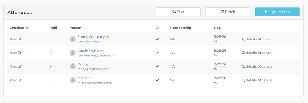 FitHive View/Manage Registrants screen showing registered members for a class.
