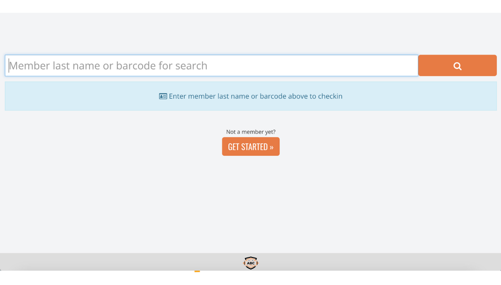 Member self check-in screen allowing users to search by last name or scan a barcode.