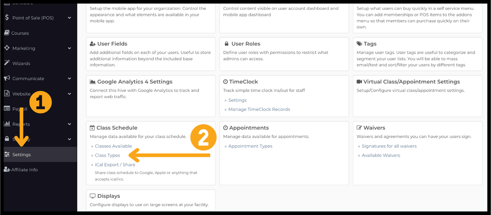 FitHive Settings menu showing the Class Types option used to manage the different types of classes offered.