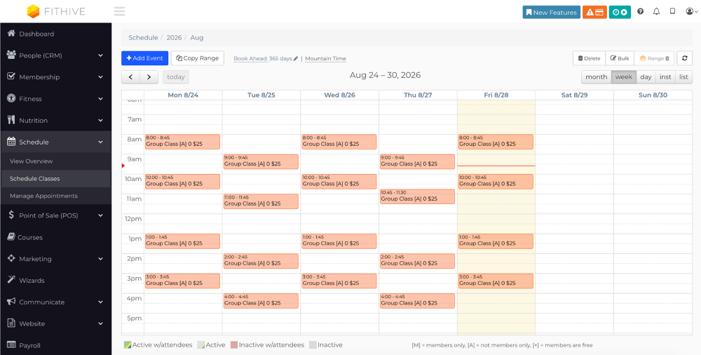 FitHive Schedule Classes screen showing the class schedule where staff can select a class to manage attendance.